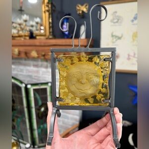 Vintage Celestial, Whimsical Sun Face Stained Glass Panel Candle Holder